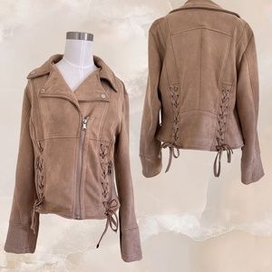 GLAM AMOUR Tan Beige Faux Suede Lace Up Cropped Moto Biker Jacket Women's Sz XL